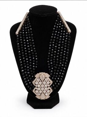Heidi Daus Black Beaded Multi-Strand Necklace with Gold Crystal Focal